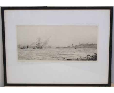 High and Low Lights, Shields, a monochrome engraving by William Lionel Wyllie, signed in pencil and inscribed on mount with t