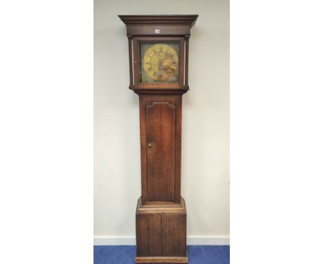 18th century oak 30 hour longcase clock with a 13 inch brass dial named to John Blaylock, Longton, c1790, with Roman and Arab