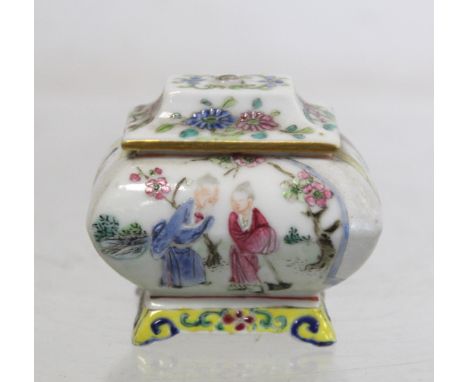 Miniature Chinese Famille Rose condiment pot and cover of rectangular cushion form on low raised base with four feet, decorat