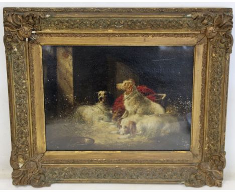 T. Hopper (Victorian School). Group of setters in a kennel. Oil on panel. 23.5cm x 31.5cm. Signed verso, indistinctly inscrib