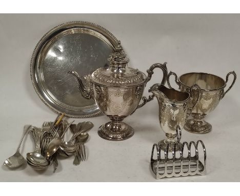 Victorian ep three piece tea set of vase shape, with embossed marks and engraved scrolls, C1880 and a quantity of flatware cu