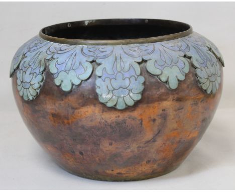 Arts and Crafts copper jardinière of squat circular form with blue green raised enamel stylised floral and foliate border to 