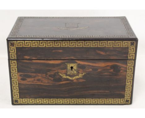 Good Victorian coromandel wood tea caddy of rectangular form with inlaid brass panel inscribed "J. &amp; A. H. Oct. 13th 1891