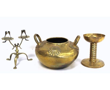 Arts &amp; Crafts brass pot of circular twin handled form with hammered ground and repousse scallop shell motifs, 24cm diam.;