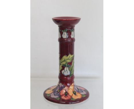 Modern Moorcroft Pottery "Pansy" pattern candlestick, designed by Rachel Bishop, impressed and painted marks, year cipher for