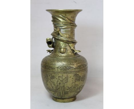 Chinese brass vase of baluster form with incised panels of figures, precious things and moulded scrolling dragon to neck. Mou