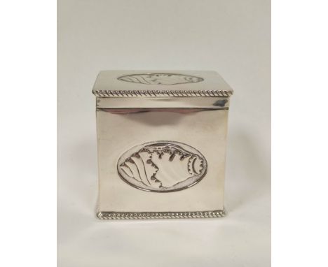 Silver rectangular caddy with rope edges and embossed whelks in the Sheraton manner, by Bradburys, Sheffield 1902, 82mm x 82m
