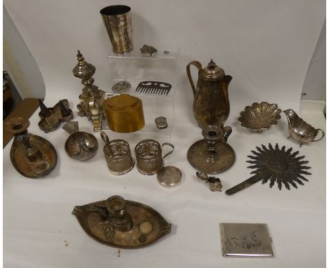 Silver glory, an enamelled gilt metal tea caddy and other items, some silver.