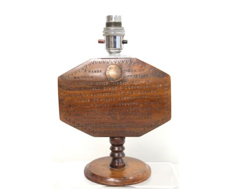 Pitcairn Islands souvenir treen table lamp base, the octagonal lozenge body inset with a roundel of copper from the Bounty, i