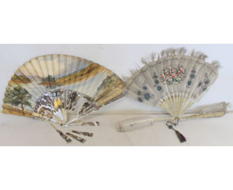 Two 19th century fans, the first with hand painted paper leaf depicting a lake scene on pierced mother of pearl sticks with y