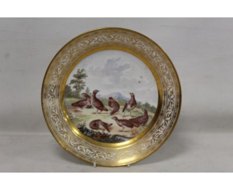 19th century Continental porcelain plate of circular form, the central hand painted polychrome panel depicting birds in a lan