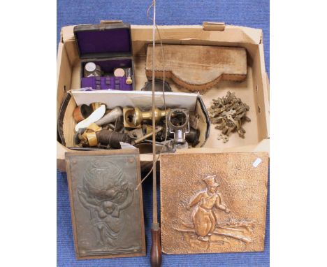 Box of miscellanea including carriage whip, metal plaque, brass stair rod clips, etc. 
