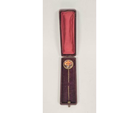 Victorian gold scarf pin with painted fox head, in the manner of W B Ford, probably 15ct.