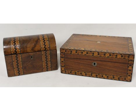 Victorian burr walnut tea caddy of domed rectangular form with marquetry banding, the interior with two lidded compartments, 