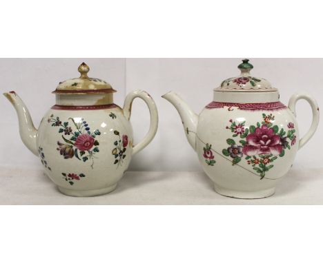 18th century English porcelain teapot of globular form decorated with polychrome enamel floral sprays with egg and double lin