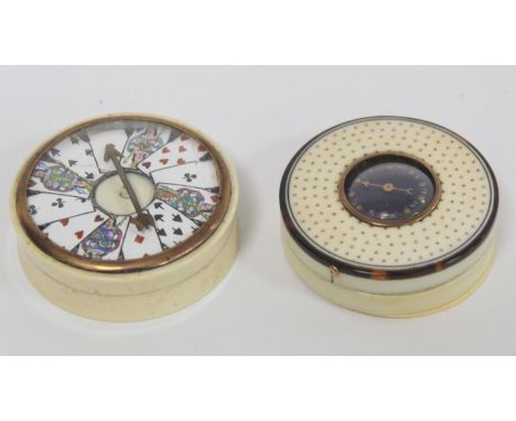 19th or early 20th century circular ivory box (trumps marker?), the top with enamel dial depicting playing cards with hand in