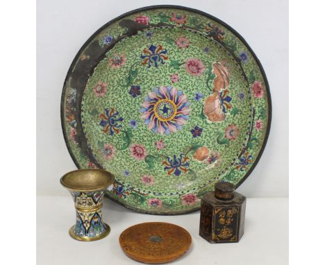 Chinese Canton enamel circular charger with floral decoration, a.f., 39cm diam.; cloisonné vase of flared form, lacking base,