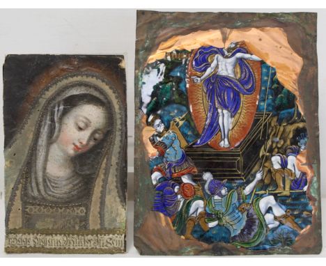 Small antique painted icon of the Virgin Mary, oil on canvas laid on card with additional braid work and applique and small p