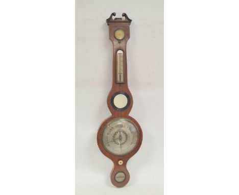 Mahogany wheel barometer by G Bailey Whitehaven, with thermometer, hydrometer, level and silvered mirror. C1830.