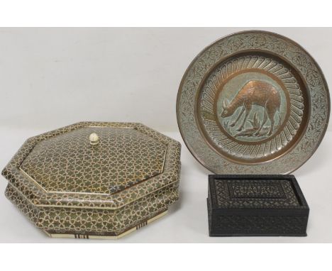 Indian Vizagapatam box of octagonal form decorated with micro mosaic star lattice work, 24cm wide; a small ebony box of recta