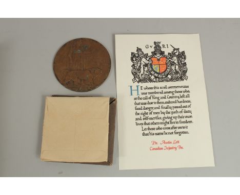 PRIVATE AUSTIN LETT 703963. 102nd BATTALION CANADIAN LIGHT INFANTRY who died on 22nd October 1916. BRONZE DEATH PLAQUE and SC