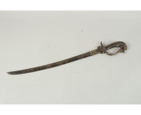 A CEYLONESE 18TH CENTURY SWORD with enamel head hummel and gilded blade. 62cm long.