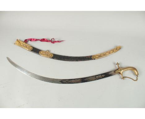 A BRITISH INDIAN ARMY CURVED SWORD with blue blade, brass handle and leather scabbard. Bears inscripton:  R. JOHNSON, Late Bl