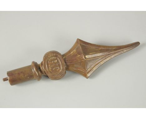 A 1ST WORLD WAR FRENCH BRASS BANNER FINIAL, inital R. F. in an oval.