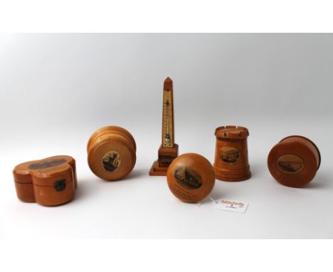 Six Mauchline wooden trinkets, darning mushroom, money box, thermometer, etc