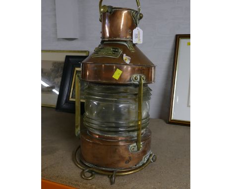 Ships brass and copper lantern, height to top of handle +/- 85 cm