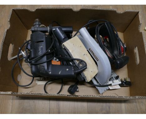 Box of power tools, jigsaw, sander, circular saw and drill 