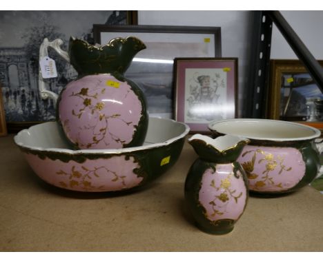 Early 20th century bathroom set, wash basin, jug, chamber pot and toothbrush holder