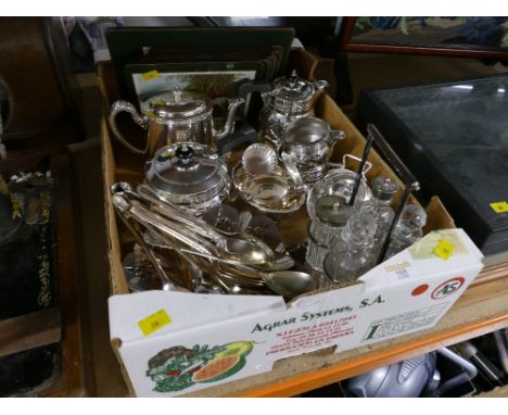 Collection of silver plated ware, teapots, hot water jugs, sugar basin, cutlery, place mats etc