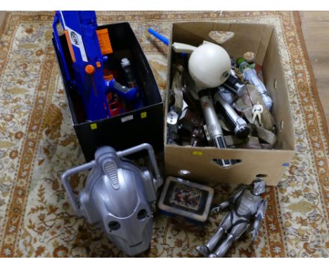 Two boxes of toys including Nerf guns, Dr Who mask, light sabers etc