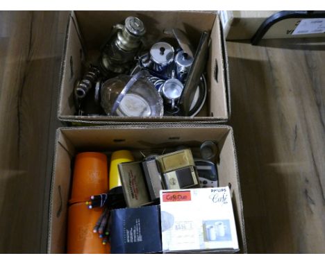 Two boxes of plated ware, Polaroid camera, clock, cutlery, telephone etc 