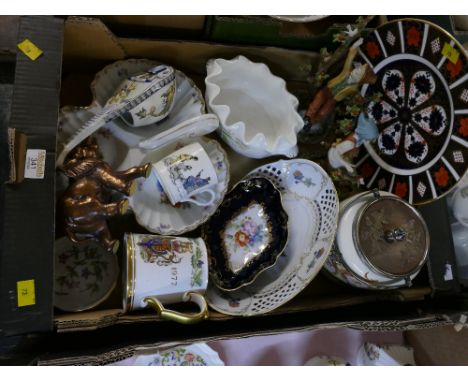 Box of decorative plates, Shelley mug, Spode tankard, Royal Crown Derby Imari patterned plate, biscuit barrel, ornaments etc