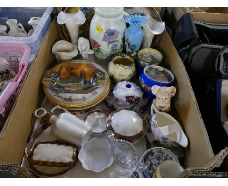 Box of decorative china and ornaments, Sylvac dog, Radford jug, dressing table set, decorative plates etc  