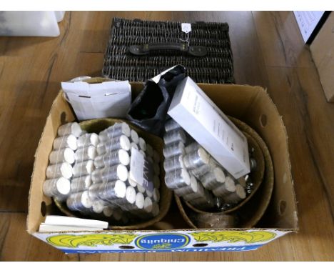 Wicker hamper basket and box of tea lights, sonic toothbrush, baskets etc