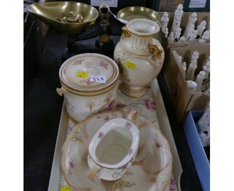 Set of kitchen scales and brass weights and a collection of Crown Devon Fielding bowls, vase, lidded barrel etc 