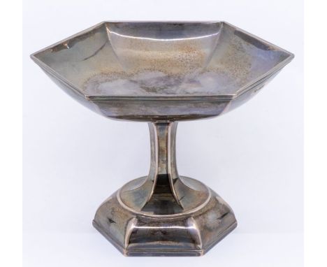 A George V silver hexagonal tazza on raised plinth, hallmarked by Walker & Hall, Sheffield, 1919, 22cm diam, 16cm high, appro