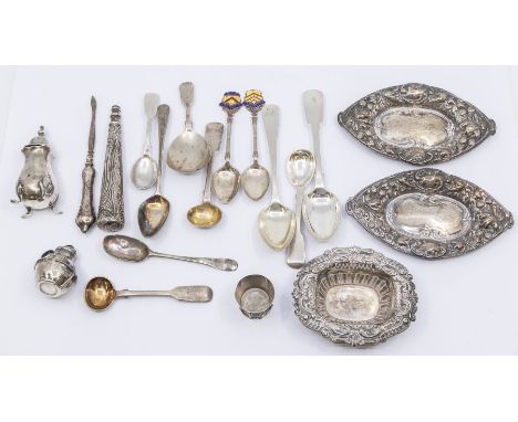 A collection of silver to include: Victorian fiddle pattern caddy spoon; various 19th Century fiddle pattern tea and condimen