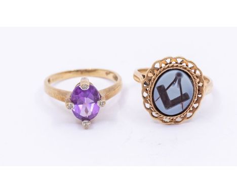 A 9ct gold amethyst and diamond ring, oval-cut amethyst with four diamond points, size M, gross weight approx 2.5gms; togethe