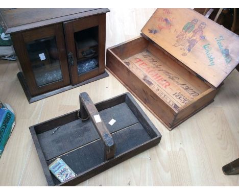 A 1930's Teachers Whisky wooden box, 1930's smokers box and cutlery carry tray