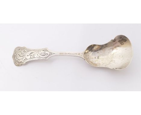 A 19th Century Dutch 833 standard caddy spoon, shaped terminal with engraved decoration, makers' mark LVM 161., approx 8.7 gr