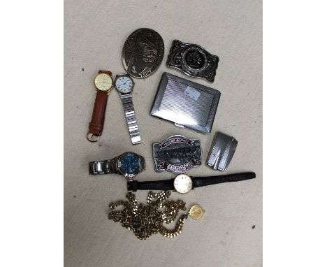 Three metal belt buckles, yellow metal gents chains, four gents watches, Ronson lighter with cigarette case