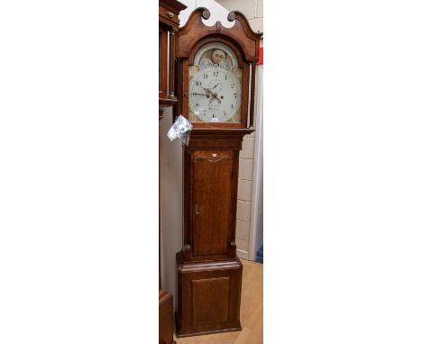 W Hartfhorne Brofeley eight day longcase clock with moon phase. 13" arch dial calendar and seconds. brass hands. Two train mo