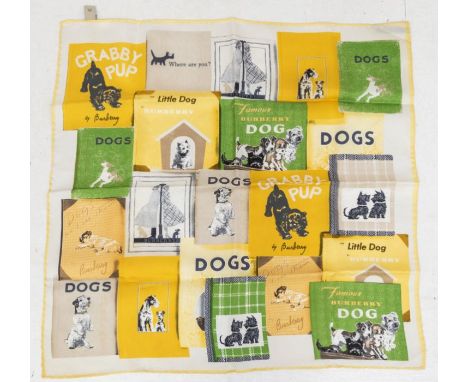 Burberry- a vintage Burberry dog print small silk scarf, comprising illustrated snap shots of Terrier dogs 'Famous Burberry D