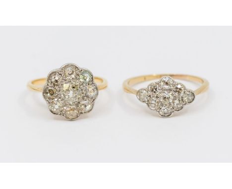 An Edwardian diamond cluster ring, set with Old-cut diamonds (clarity approx I1-I3), unmarked yellow metal assessed as approx