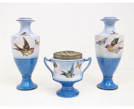 A 1920's pair of mantle vases with matching rose bowl, along with late Victorian vase with hand painted bird detail which has
