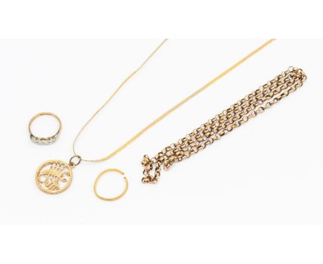 A collection of mixed gold items, to include a 9ct gold Scorpio pendant and chain and a 9ct gold broken belcher chain, combin